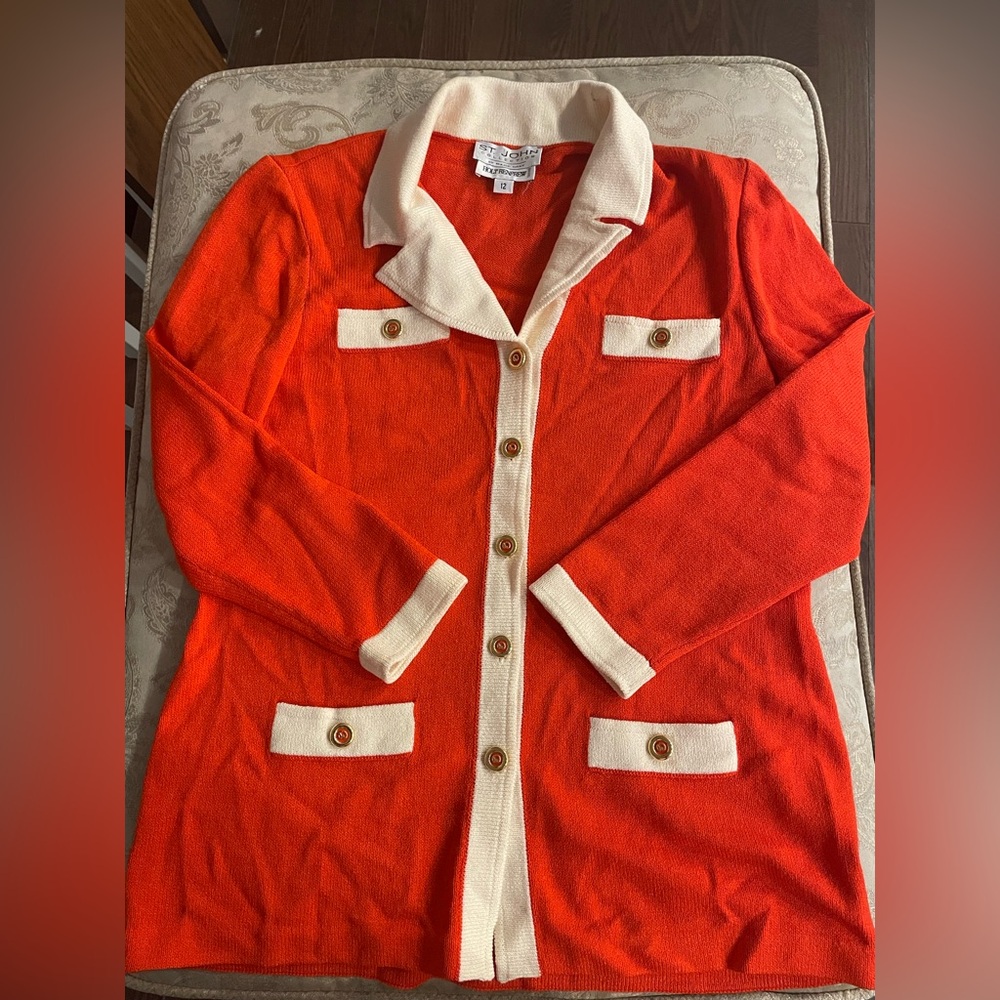 St. John Women's Orange and Cream Vintage Cardigan - Size 12